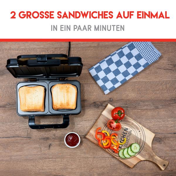XL Sandwichmaker (starke 900W): schwarz-silber, für 2 grosse Sandwiches, Antihaftbeschichtung - Schnelle & gleichmässige Zubereitung