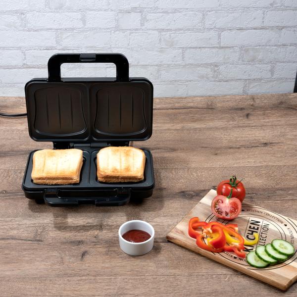 XL Sandwichmaker (starke 900W): schwarz-silber, für 2 grosse Sandwiches, Antihaftbeschichtung - Schnelle & gleichmässige Zubereitung
