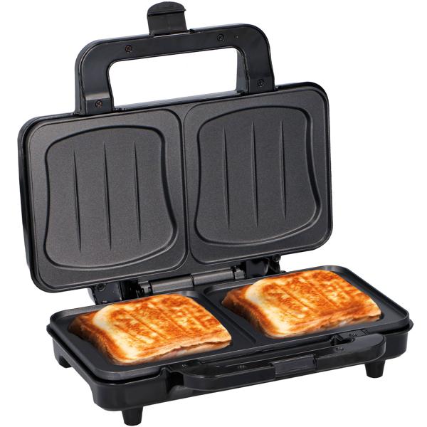 XL Sandwichmaker (starke 900W): schwarz-silber, für 2 grosse Sandwiches, Antihaftbeschichtung - Schnelle & gleichmässige Zubereitung