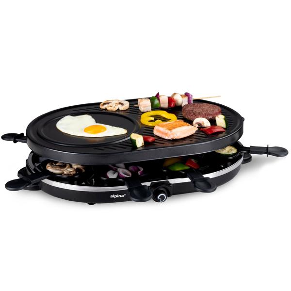 Geselliges Raclette-Grill für 8 Personen, 1200W: Mit Grill- und Backplatte, Antihaftbeschichtung, Thermostat, Pfännchen und Spatel