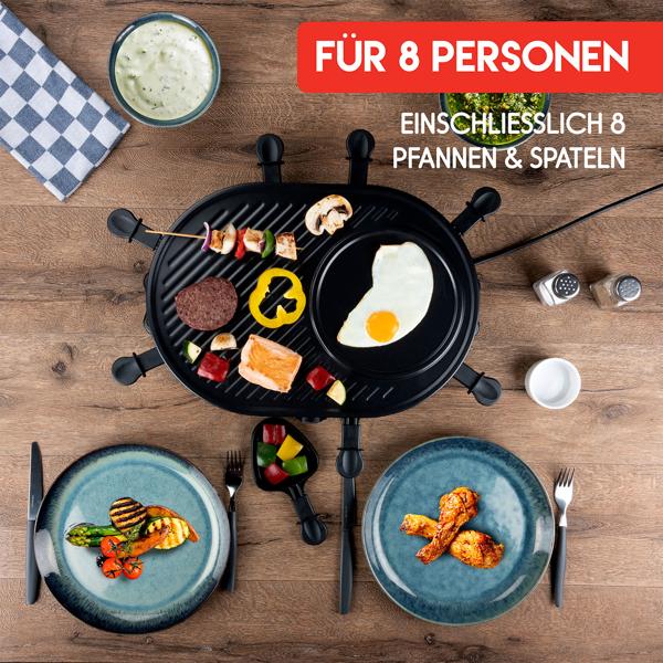 Geselliges Raclette-Grill für 8 Personen, 1200W: Mit Grill- und Backplatte, Antihaftbeschichtung, Thermostat, Pfännchen und Spatel
