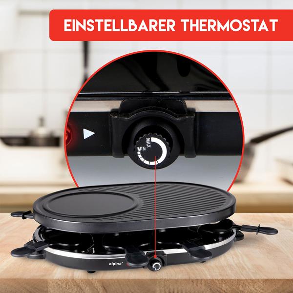 Geselliges Raclette-Grill für 8 Personen, 1200W: Mit Grill- und Backplatte, Antihaftbeschichtung, Thermostat, Pfännchen und Spatel