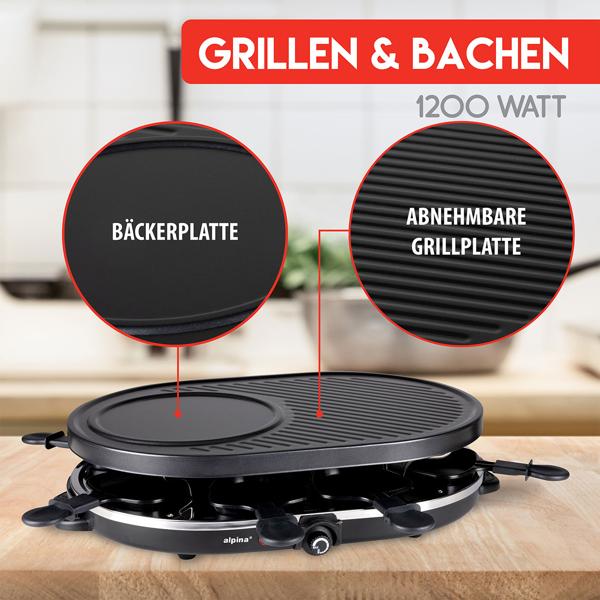 Geselliges Raclette-Grill für 8 Personen, 1200W: Mit Grill- und Backplatte, Antihaftbeschichtung, Thermostat, Pfännchen und Spatel