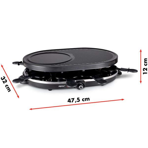 Geselliges Raclette-Grill für 8 Personen, 1200W: Mit Grill- und Backplatte, Antihaftbeschichtung, Thermostat, Pfännchen und Spatel
