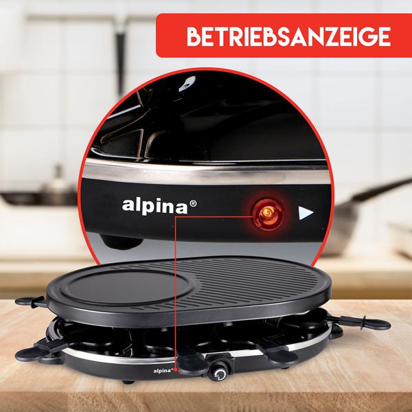 Geselliges Raclette-Grill für 8 Personen, 1200W: Mit Grill- und Backplatte, Antihaftbeschichtung, Thermostat, Pfännchen und Spatel