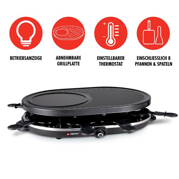 Geselliges Raclette-Grill für 8 Personen, 1200W: Mit Grill- und Backplatte, Antihaftbeschichtung, Thermostat, Pfännchen und Spatel