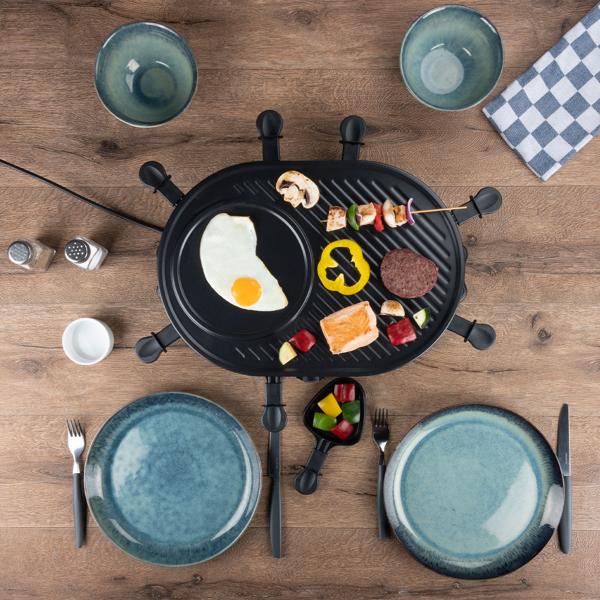 Geselliges Raclette-Grill für 8 Personen, 1200W: Mit Grill- und Backplatte, Antihaftbeschichtung, Thermostat, Pfännchen und Spatel