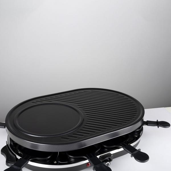 Geselliges Raclette-Grill für 8 Personen, 1200W: Mit Grill- und Backplatte, Antihaftbeschichtung, Thermostat, Pfännchen und Spatel