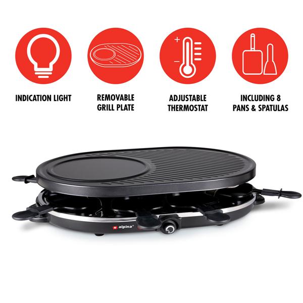 Geselliges Raclette-Grill für 8 Personen, 1200W: Mit Grill- und Backplatte, Antihaftbeschichtung, Thermostat, Pfännchen und Spatel