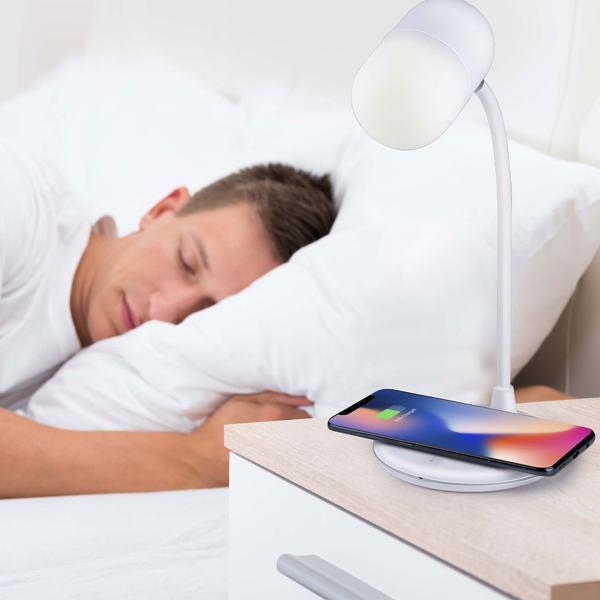 LED-Schreibtischlampe mit Qi-Ladestation, Lautsprecher, 3 Lichtfarben, weiss – 14 LEDs, 50 Lumen, multifunktionale Lampe für den Arbeitsplatz