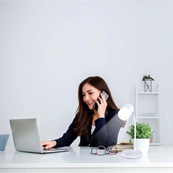 LED-Schreibtischlampe mit Qi-Ladestation, Lautsprecher, 3 Lichtfarben, weiss – 14 LEDs, 50 Lumen, multifunktionale Lampe für den Arbeitsplatz