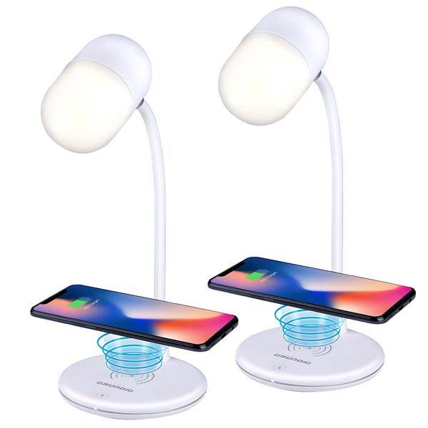 2er-Set LED-Schreibtischlampe mit Qi-Ladestation, Lautsprecher, 3 Lichtfarben, weiss – 14 LEDs, 50 lm, multifunktionale Lampe für den Arbeitsplatz