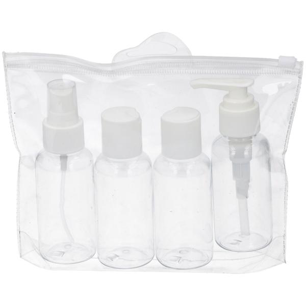 Reiseflaschen-Set Handgepäck - 4teilig, inkl. transparentem Beutel & 75ml Flaschen/Spender - Optimal für Flugreisen, Camping & Kurztrips