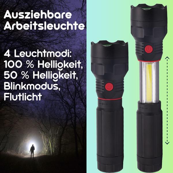 2-in-1 Arbeitsleuchte & LED-Taschenlampe mit ausziehbarer COB-LED, 300 lm, IPX4, Neodym-Magnet - Ideal für Camping, Werkstatt & Notfälle