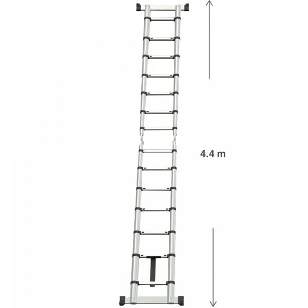 Praktische Teleskopleiter, ausziehbar bis 4,4 m, 150 kg Belastbarkeit, platzsparend, hochwertiges Aluminium, DIN EN131
