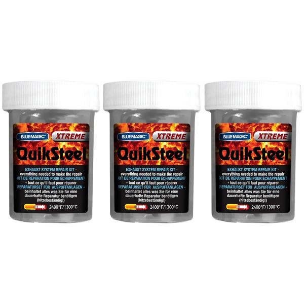 3er-Set QuikSteel Kaltschweissmasse - hitzebeständig bis 1300°C - dauerhafte Reparatur von Metall & Gusseisen - ideal für Auspuff, Heizkessel & Grills, je 85g