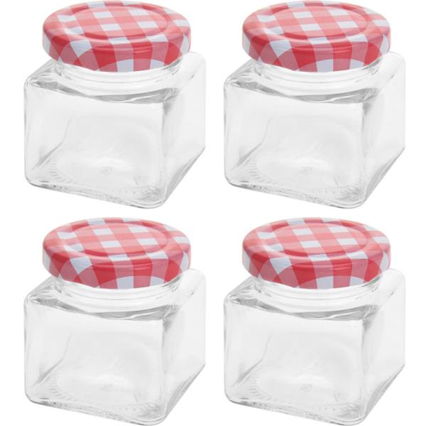 Konfitürengläser 4er Set eckig 75ml - Vielseitige Aufbewahrung für Lebensmittel & Kleinkram - Robuste Glasbehälter mit rot-weissen Metalldeckeln
