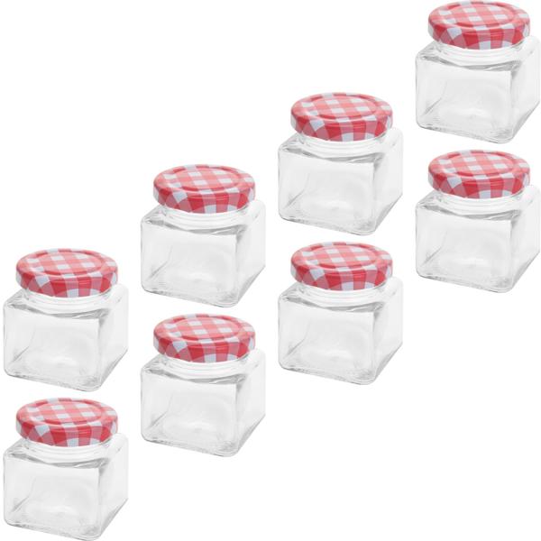 Konfitürenglas 8er Set eckig 75ml - Vielseitige Vorratsgläser mit Metalldeckel - Ideal für Marmelade & Kleinkram - Glas - Rot-weiss