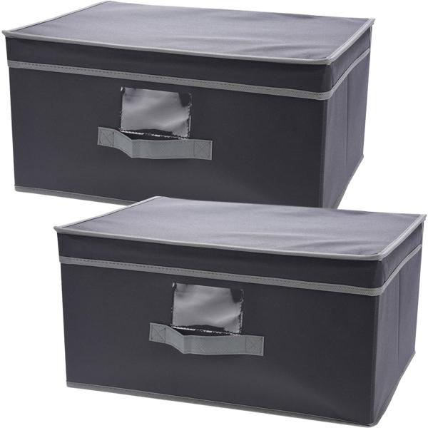2er-Set Aufbewahrungsbox mit Deckel & Henkel - Faltbar, schützt Inhalt vor Staub - 31x15,5x28cm, schwarz - Ideal für Spielzeug, Wäsche & Bücher