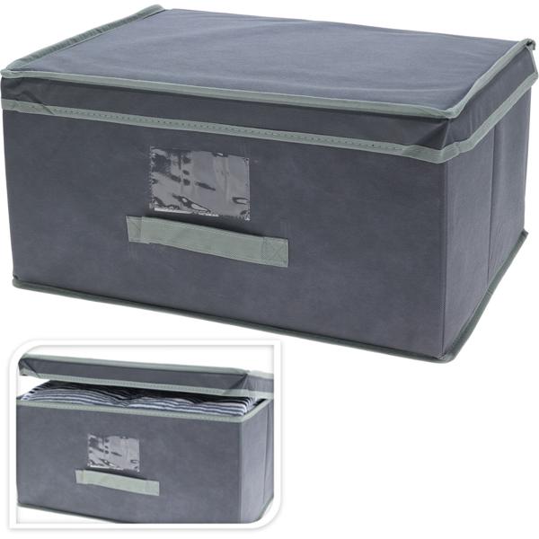 Aufbewahrungsbox mit Deckel & Henkel - Faltbar für Spielzeug & Krimskrams, platzsparend, staubgeschützt - 44x22x33cm, grau mit Beschriftungsfenster