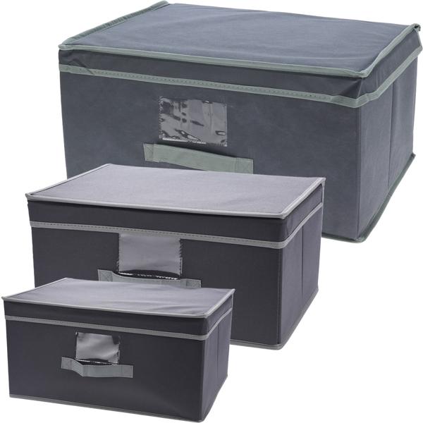 Aufbewahrungsboxen-Set 3 Grössen - Faltbare Ordnung mit Deckel & Henkel für Spielzeug, Kabel & Kleinteile - Karton/Stoff Schwarz/Grau