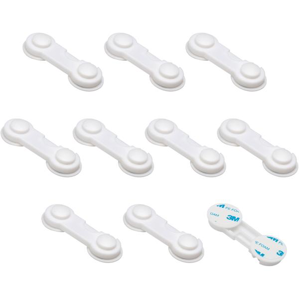 Baby-Sicherungen klebend (10er-Set) – Kindersicherung für Schubladen, Schranktüren & Vitrinen – Mit 3M-Klebepads, weiss