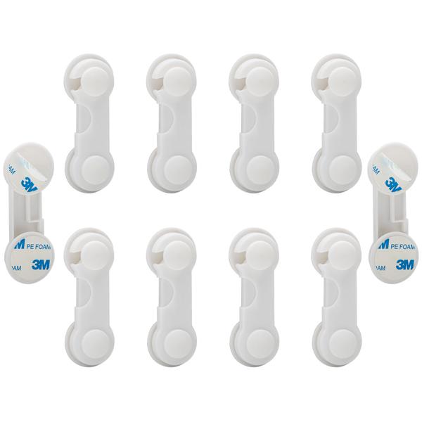 Baby-Sicherungen klebend (10er-Set) – Kindersicherung für Schubladen, Schranktüren & Vitrinen – Mit 3M-Klebepads, weiss