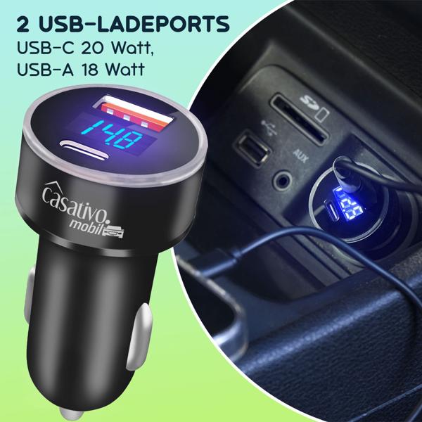 Dual Kfz-USB-Ladegerät 38W (USB-C PD & USB-A QC) – Schnellladestecker für Zigarettenanzünder mit digitaler Spannungsanzeige