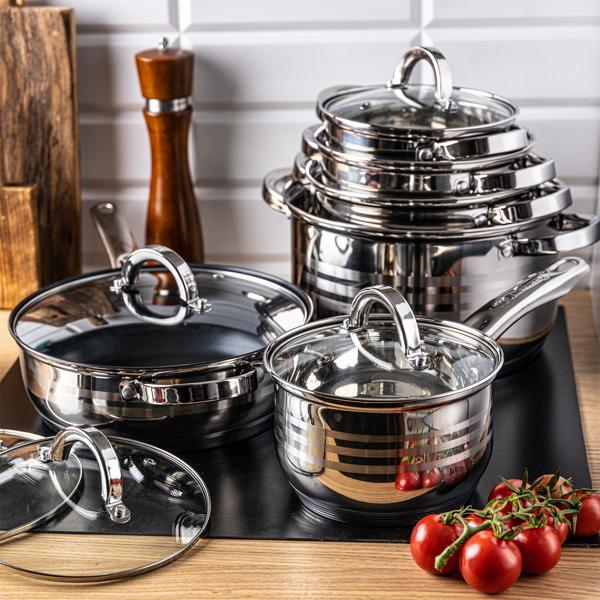 6-teiliges Edelstahl Kochtopf Set: Glasdeckel & silberne Design-Griffe - Elegantes Premium-Kochgeschirr für anspruchsvolle Köche und alle Herdarten