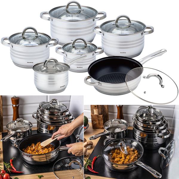 6-teiliges Edelstahl Kochtopf Set: Glasdeckel & silberne Design-Griffe - Elegantes Premium-Kochgeschirr für anspruchsvolle Köche und alle Herdarten