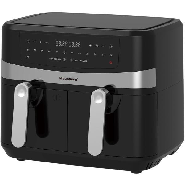Dual Zone Heissluftfritteuse mit Doppelkorb, 9 Liter, 2400W, schwarz, Digitales Touch Display, Smart End, Air Fryer zum Backen, Grillen, Braten