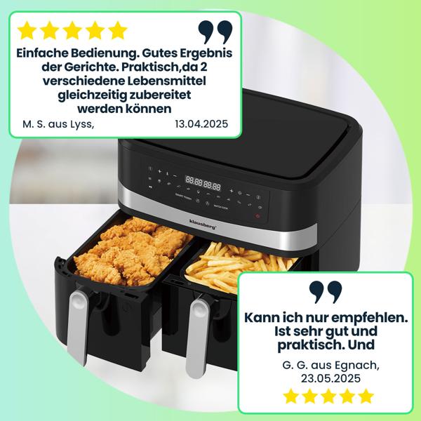 Dual Zone Heissluftfritteuse mit Doppelkorb, 9 Liter, 2400W, schwarz, Digitales Touch Display, Smart End, Air Fryer zum Backen, Grillen, Braten