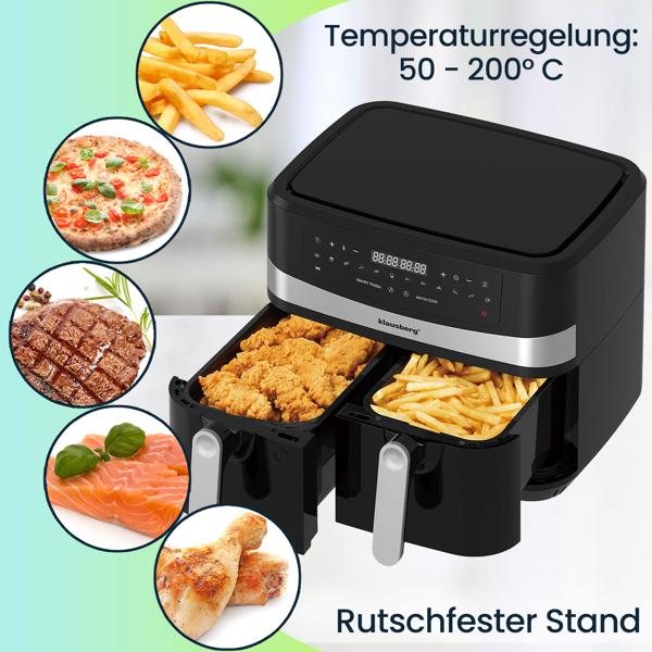 Dual Zone Heissluftfritteuse mit Doppelkorb, 9 Liter, 2400W, schwarz, Digitales Touch Display, Smart End, Air Fryer zum Backen, Grillen, Braten
