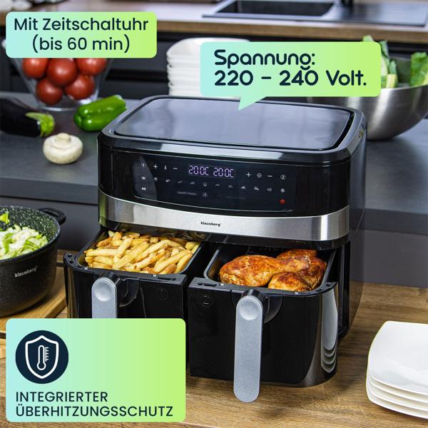 Dual Zone Heissluftfritteuse mit Doppelkorb, 9 Liter, 2400W, schwarz, Digitales Touch Display, Smart End, Air Fryer zum Backen, Grillen, Braten