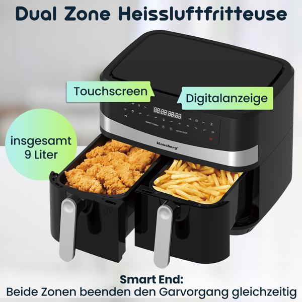 Dual Zone Heissluftfritteuse mit Doppelkorb, 9 Liter, 2400W, schwarz, Digitales Touch Display, Smart End, Air Fryer zum Backen, Grillen, Braten