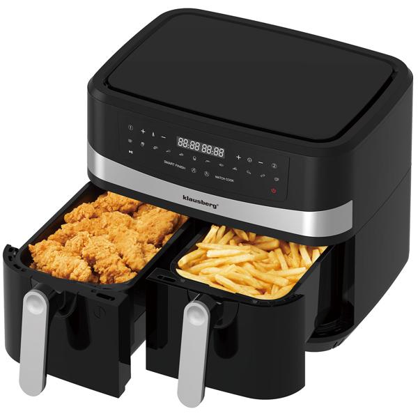 Dual Zone Heissluftfritteuse mit Doppelkorb, 9 Liter, 2400W, schwarz, Digitales Touch Display, Smart End, Air Fryer zum Backen, Grillen, Braten