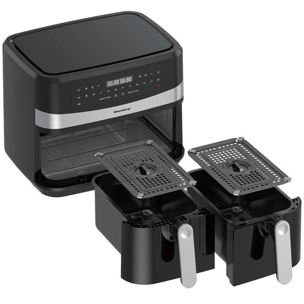 Dual Zone Heissluftfritteuse mit Doppelkorb, 9 Liter, 2400W, schwarz, Digitales Touch Display, Smart End, Air Fryer zum Backen, Grillen, Braten