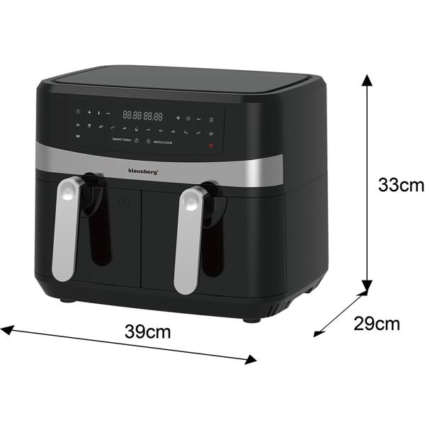 Dual Zone Heissluftfritteuse mit Doppelkorb, 9 Liter, 2400W, schwarz, Digitales Touch Display, Smart End, Air Fryer zum Backen, Grillen, Braten