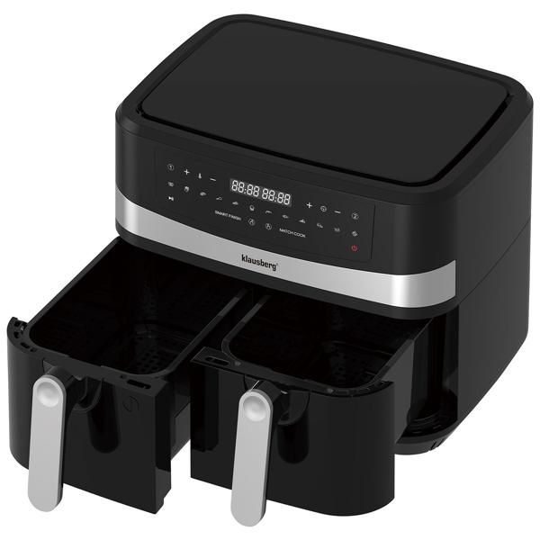 Dual Zone Heissluftfritteuse mit Doppelkorb, 9 Liter, 2400W, schwarz, Digitales Touch Display, Smart End, Air Fryer zum Backen, Grillen, Braten