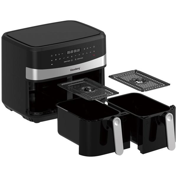 Dual Zone Heissluftfritteuse mit Doppelkorb, 9 Liter, 2400W, schwarz, Digitales Touch Display, Smart End, Air Fryer zum Backen, Grillen, Braten