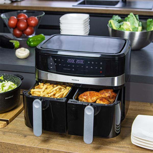 Dual Zone Heissluftfritteuse mit Doppelkorb, 9 Liter, 2400W, schwarz, Digitales Touch Display, Smart End, Air Fryer zum Backen, Grillen, Braten