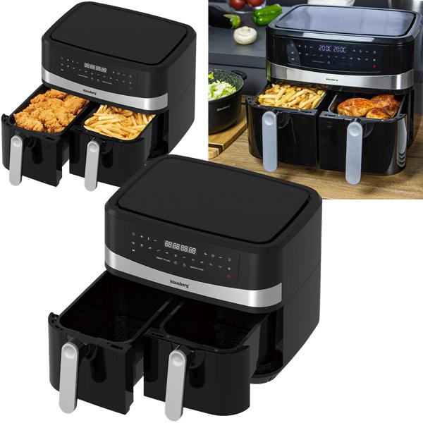 Dual Zone Heissluftfritteuse mit Doppelkorb, 9 Liter, 2400W, schwarz, Digitales Touch Display, Smart End, Air Fryer zum Backen, Grillen, Braten