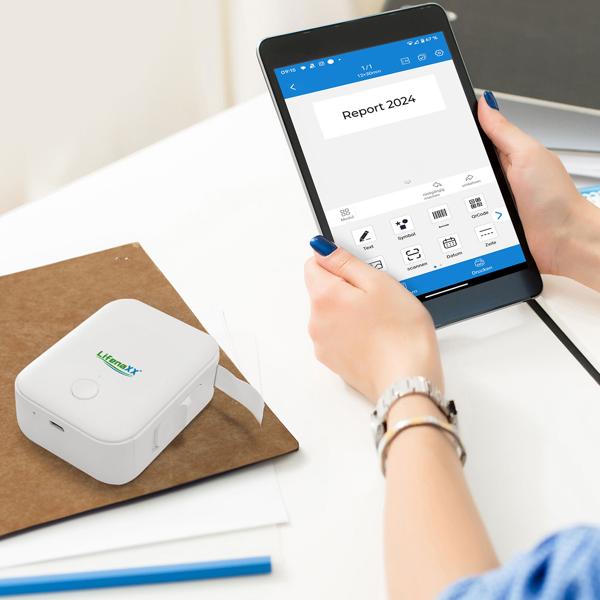 Mobiler Akku Thermo Etikettendrucker, 12mm - weiss, App Design, inkl. Etiketten - kabelloser Labeldrucker, Etiketten Beschriften, Einfache Bedienung