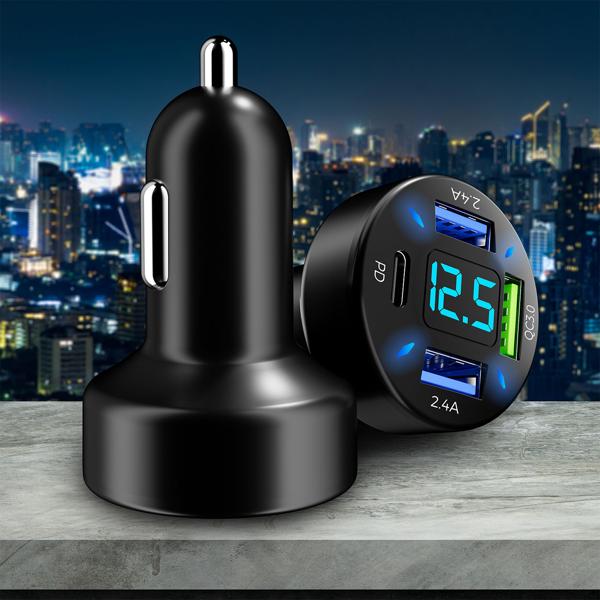 Beleuchtetes 4 Port Auto USB-Ladegerät, (50 Watt), matt-schwarz, Spannungsanzeige, 1x USB-C & 3x USB-A , Kfz Zigarettenanzünder Schnellladestecker