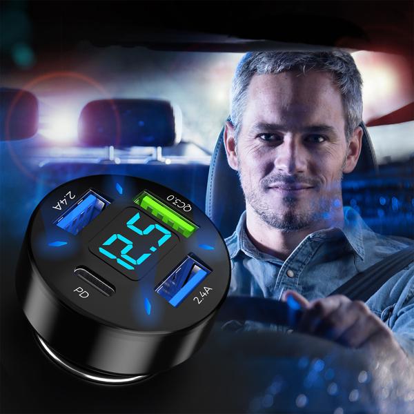 Beleuchtetes 4 Port Auto USB-Ladegerät, (50 Watt), matt-schwarz, Spannungsanzeige, 1x USB-C & 3x USB-A , Kfz Zigarettenanzünder Schnellladestecker