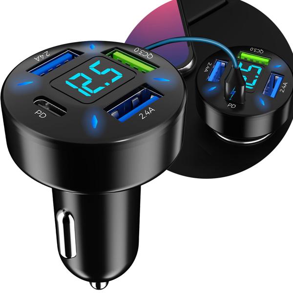 Beleuchtetes 4 Port Auto USB-Ladegerät, (50 Watt), matt-schwarz, Spannungsanzeige, 1x USB-C & 3x USB-A , Kfz Zigarettenanzünder Schnellladestecker