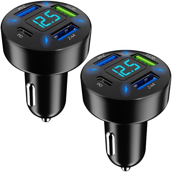 2er-Set Beleuchtetes 4 Port Auto USB-Ladegerät, (50 Watt), matt-schwarz, Spannungsanzeige, USB-C & -A , Kfz Zigarettenanzünder Schnellladestecker