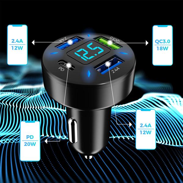 2er-Set Beleuchtetes 4 Port Auto USB-Ladegerät, (50 Watt), matt-schwarz, Spannungsanzeige, USB-C & -A , Kfz Zigarettenanzünder Schnellladestecker