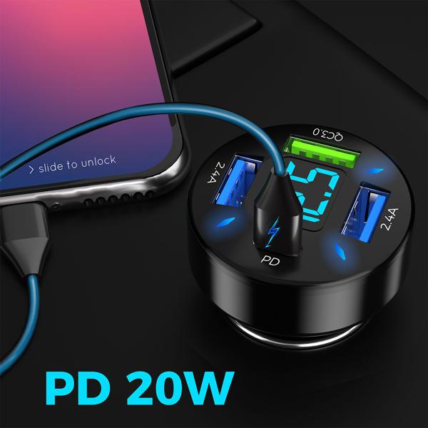 2er-Set Beleuchtetes 4 Port Auto USB-Ladegerät, (50 Watt), matt-schwarz, Spannungsanzeige, USB-C & -A , Kfz Zigarettenanzünder Schnellladestecker