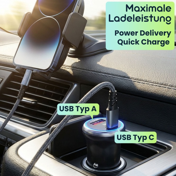 Leistungsstarkes Kfz-USB-Netzteil, (54 Watt) inkl. Ladekabel, USB-C PD & USB-A QC, Dual-Auto 12 V Schnellladestecker, schnelles Aufladen unterwegs